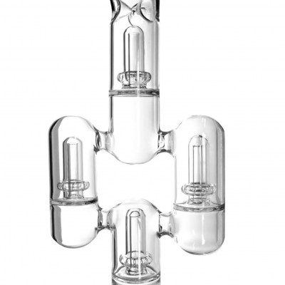 Objeto de vidro transparente com três câmaras cilíndricas e tubos curvos