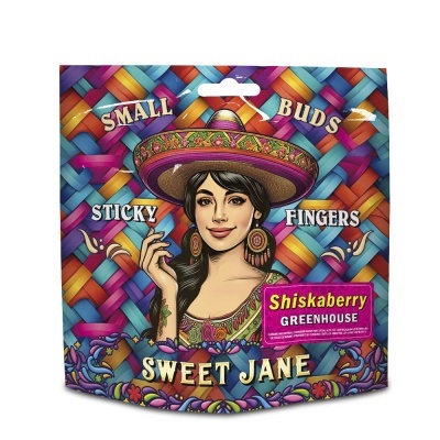 Embalagem colorida com mulher de sombrero e texto promocional