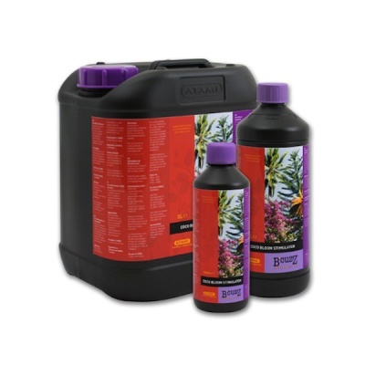 recipientes plásticos pretos com tampa roxa e rótulos vermelhos e roxos com plantas e texto COCO BLOOM STIMULATOR