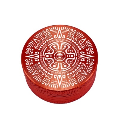 Triturador metálico vermelho com padrão branco detalhado e textura nas laterais