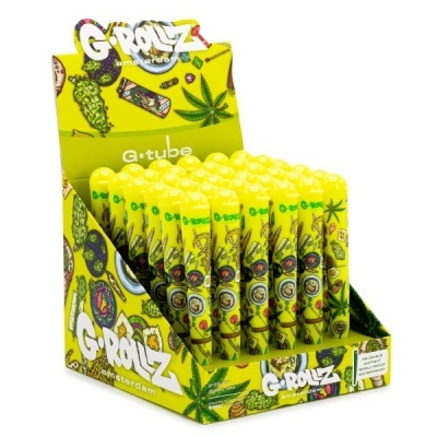 Expositor amarelo com tubos G-Rollz decorados e ilustrações de cannabis