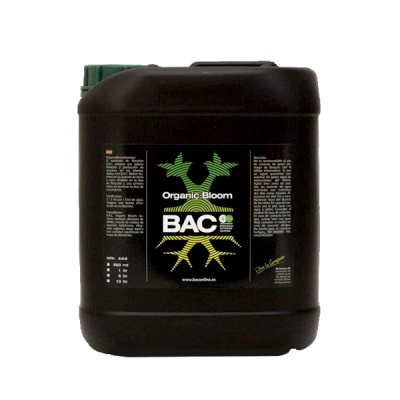 Recipiente plástico preto com rótulo Organic Bloom BAC e tampa verde