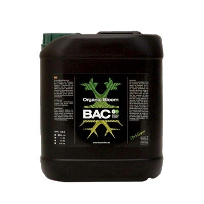 Recipiente preto quadrado com rótulo Organic Bloom BAC e tampa verde