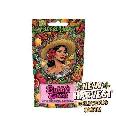 Embalagem colorida com ilustração de mulher, frutas tropicais e texto Sweet Jane Bubble Gum