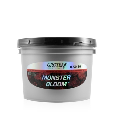 Embalagem de pote cinzento com tampa preta de produto para plantas Grotek Monster Bloom