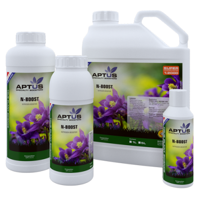 Frascos de plástico branco do produto APTUS N-BOOST com rótulos verdes e flores roxas.