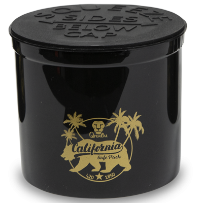 Recipiente preto com tampa e desenho dourado de urso e palmeiras e texto California