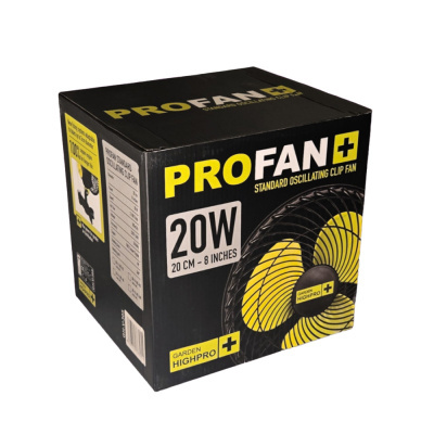 Caixa de ventilador PROFAN+ preto e amarelo com texto de 20W e 20 cm em fundo branco