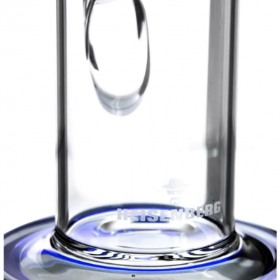 Base e tubo de vidro transparente com detalhes em azul e branco e texto HEISEMBERG