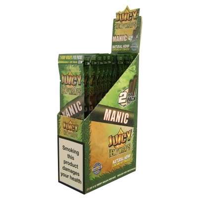 Expositor de papelotes Juicy Hemp Wraps Manic em embalagem verde com aviso de saúde