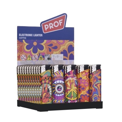 Isqueiros eletrónicos PROF HIPPIE com design hippie colorido em expositor azul