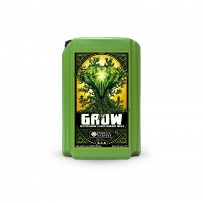 Frasco verde com etiqueta de produto Grow e imagem de árvore