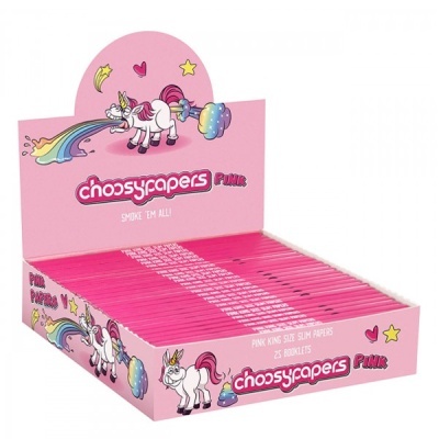 Mostrador rosa de papéis para enrolar Choosy Papers Pink com ilustração de unicórnio bom humor