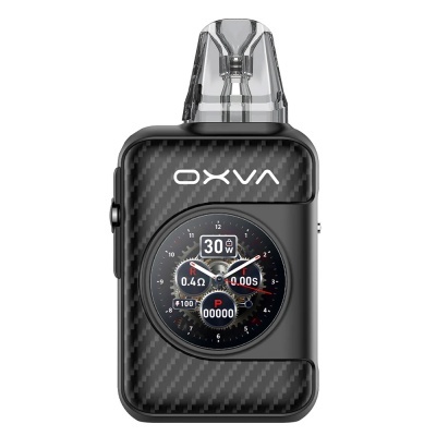 Dispositivo preto para vaping com visor digital redondo e bocal transparente