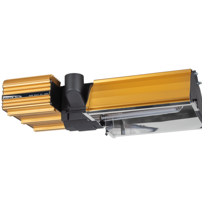 Equipamento industrial dourado e preto com secções retangulares e painel transparente