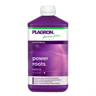 Frasco plástico roxo com etiqueta branca e roxa de aditivo estimulador Plagron Power Roots