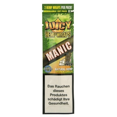 Embalagem verde de wraps de cânhamo Juicy Hemp Wraps Manic com texto e aviso de saúde em alemão