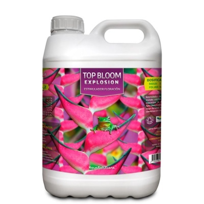 Frasco branco com rótulo colorido de flores rosa e texto TOP BLOOM EXPLOSION