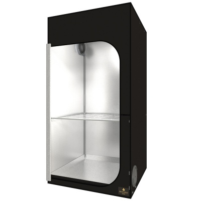 Armário de cultivo interno preto com porta de vidro transparente e prateleira metálica