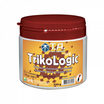 Recipiente de TrikoLogic T.A. Terra Aquática de 250 g, branco com tampa vermelha e etiqueta amarela