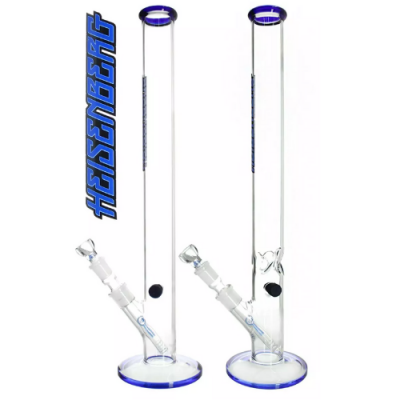 Dois bongs de vidro transparentes com detalhes azuis e escrita HEISENBERG