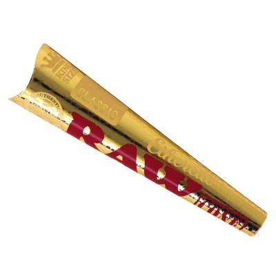 Cone de papel RAW Classic dourado metálico com texto vermelho e dourado
