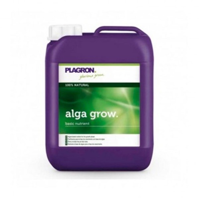 Recipiente roxo de plástico com rótulo verde e branco de produto alga grow da Plagron.
