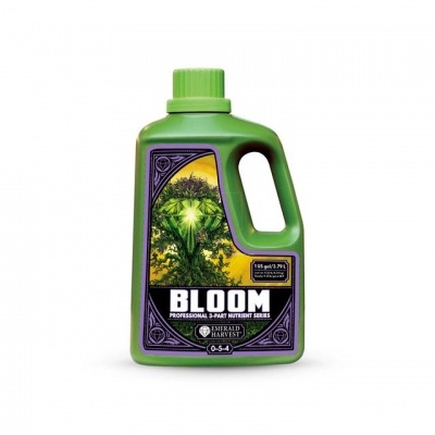 Frasco verde de fertilizante BLOOM com rótulo roxo e amarelo