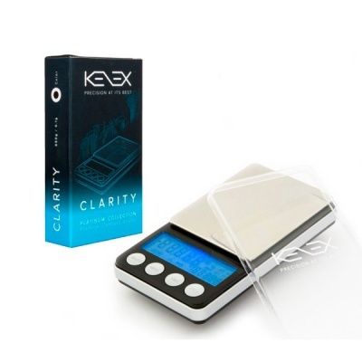 Balança digital KEEX Clarity com visor azul, botões brancos e tampa transparente junto à caixa