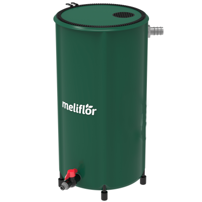 Recipiente cilíndrico verde Meliflor com torneira vermelha e base preta