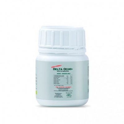 Frasco branco de suplemento Delta Ocho+ com etiqueta cinzenta e tampa de rosca.