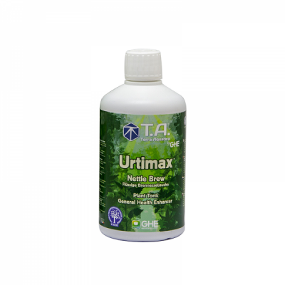 Frasco branco com rótulo verde de produto para plantas Urtimax