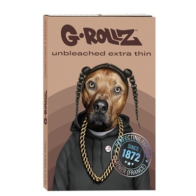 Embalagem de papel G-Rollz com cão vestido de capuz e correntão
