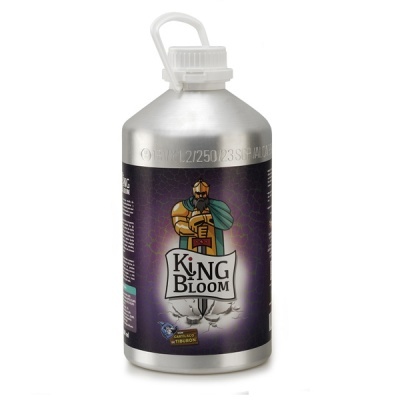 Frasco de alumínio com rótulo KING BLOOM e imagem de rei