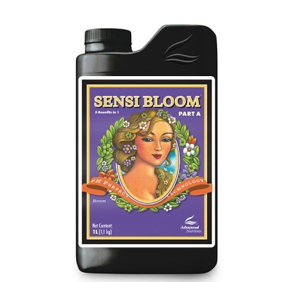 Frasco preto com rótulo roxo e imagem decorativa, produto Sensi Bloom Part A.