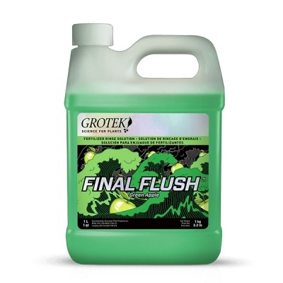 Recipiente plástico verde com etiqueta Final Flush Green Apple da marca Grotek