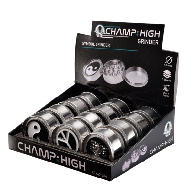 Expositor com trituradores metálicos redondos CHAMP HIGH com símbolos e várias camadas