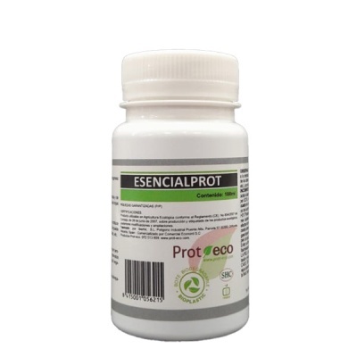 Frasco branco do produto Esencialprot com etiqueta e testo em espanhol