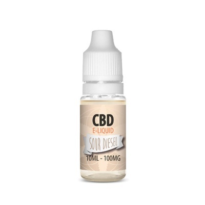 Frasco pequeno de e-líquido CBD com rótulo bege e texto