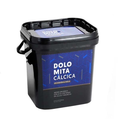 Recipiente plástico preto com etiqueta azul e texto Dolomita Cálcica.