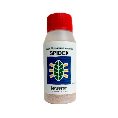 Frasco de plástico branco com tampa vermelha e rótulo colorido de produto biológico Spidex