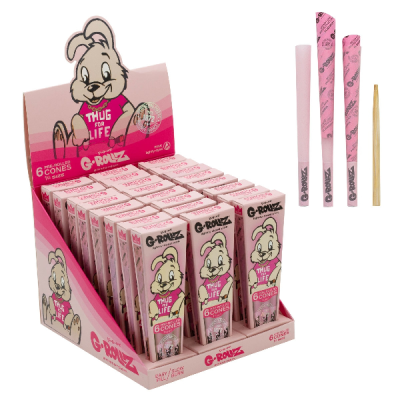Expositor de caixas rosa G-Rolz com cones pré-rolados e filtro de madeira