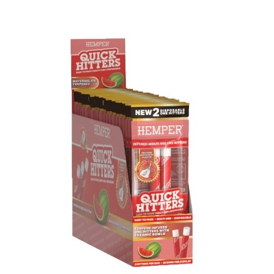 Embalagens vermelhas de HEMPER QUICK HITTERS com ilustração de melancia
