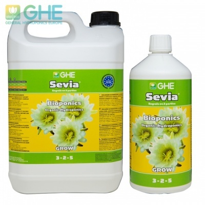Produtos GHE Sevia Bioponics Organic Hydroponics em embalagens brancas com etiquetas verdes e amarelas