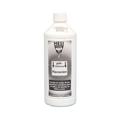 Frasco branco com rótulo cinzento e branco de produto para plantas pH-minus Floración