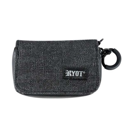 Bolsa pequena preta de tecido com etiqueta RYOT e argola preta