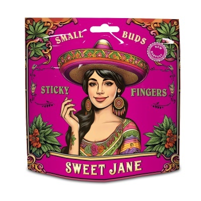 Embalagem rosa com ilustração de mulher de sombrero e textos de produto