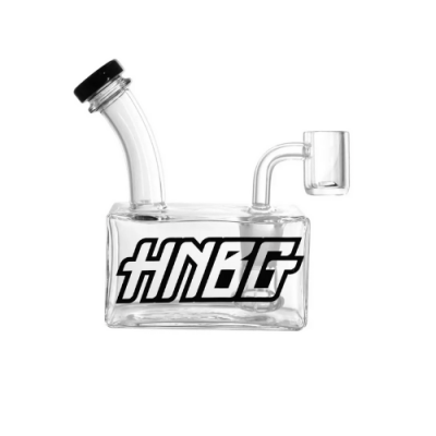 Bong de vidro transparente com texto HNBG e tampa preta