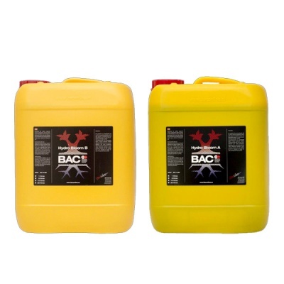 Dois recipientes grandes amarelos com etiquetas pretas Hydro Bloom A e B da marca BAC