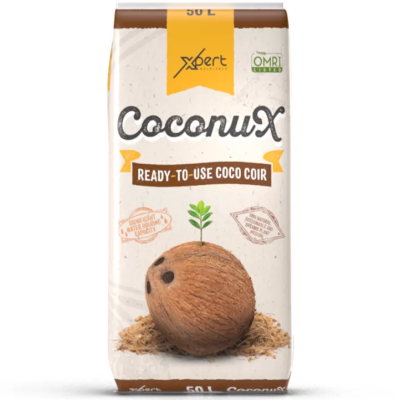 Pacote de substrato de coco CoconuX 50L com imagem de coco e muda verde